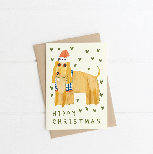 Hippy Dog Christmas Card | Afghan Hound Peace Love Funny Xmas Merry Seasons Greeting Eco-Friendly Recycled Hand Painted