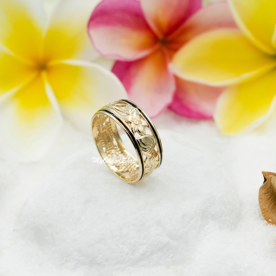 14K Gold Seven Flowers Hawaiian Ring For Women, Girls. 8mm, 7 Days Tropical Flower Everyday Or Wedding. Island Jewelry Gift Her