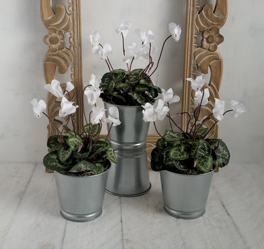 White Cyclamen Plant in Galvanised Pot Artificial Flower Arrangement Realistic Faux Indoor Planter Zinc Tin Gifts For Her