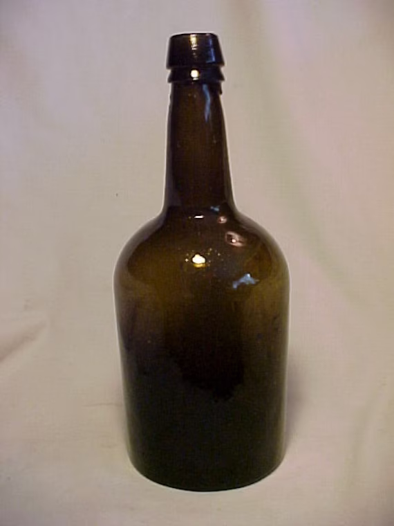 C1860S Quart Size Golden Amber Blown Glass Cork Top Mineral Water Or Whiskey Wine Bottle Stoddard Early American No.3