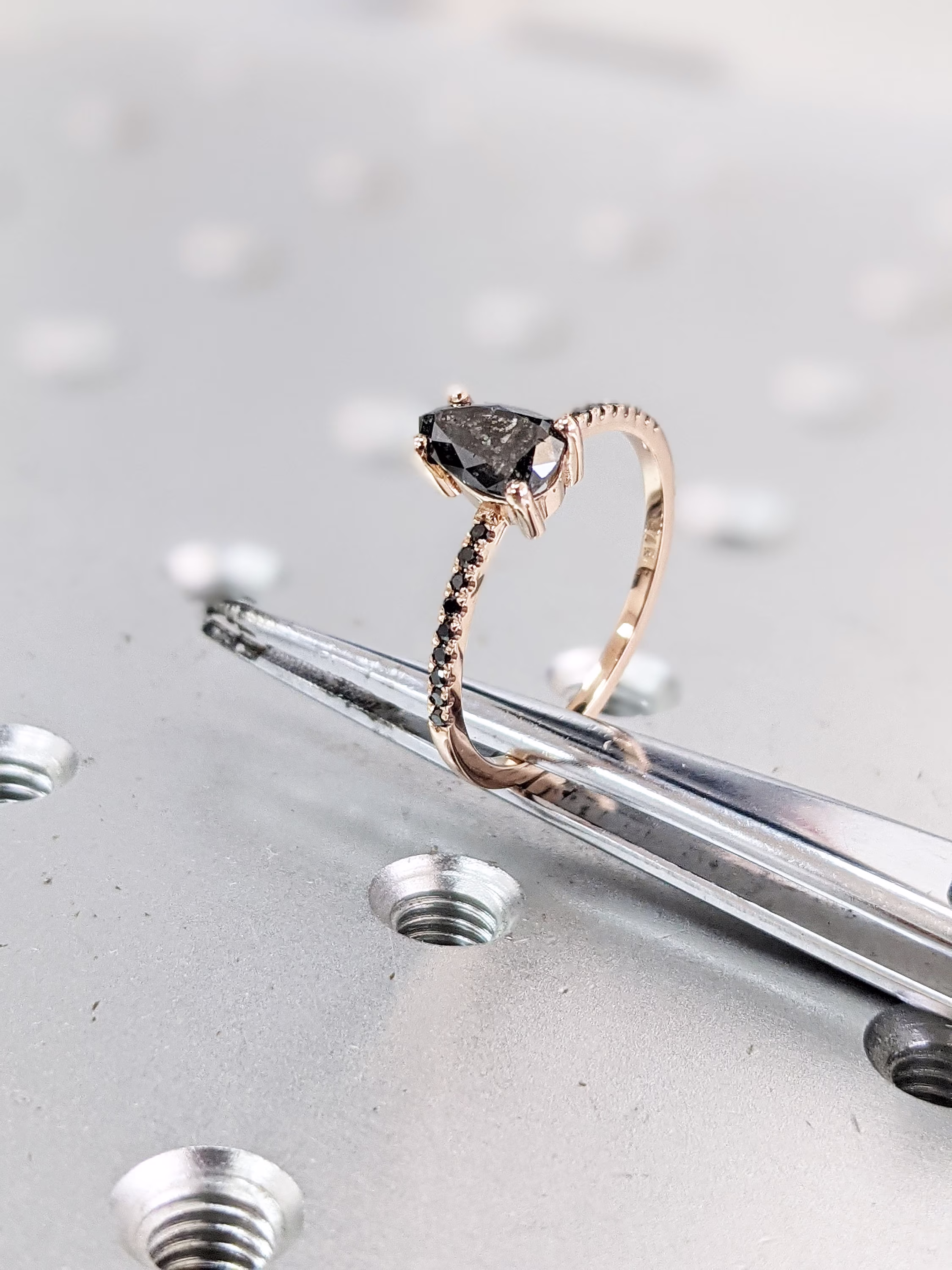 Black 1920's Raw Salt & Pepper Diamond, Pear Diamond Ring, Unique Engagement Bridal Set, Black, Gray Pear, 14K Yellow, Rose, Or White Gold