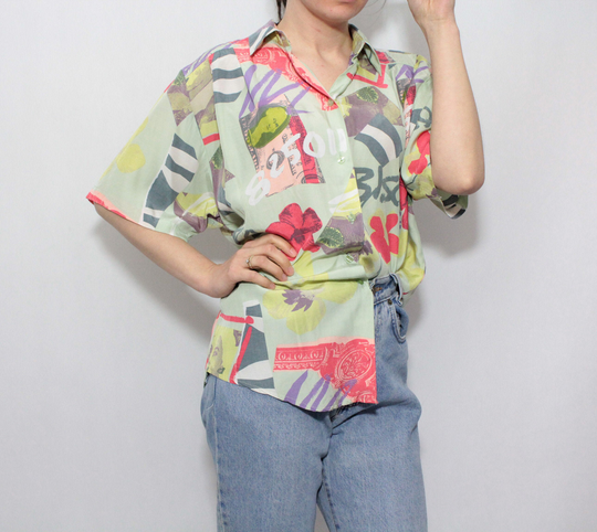 Vintage 80S Crazy Funky Loud Dollars Usa Hawaii Beach Holiday Summer Abstract Print Shirt Blouse Size L Oversize Baggy
