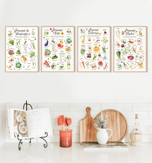 Four Season Vegetables Print, Watercolor Kitchen Food Art Culinary Wall Art, Vegan Kitchen, Healthy Lifestyle Print