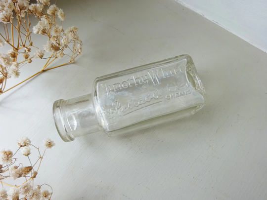 Antique Timothy Whites The Reliable Cash Chemists Bottle, Clear Square 1920S Chemist Apothecary Medicine Pill Bottle