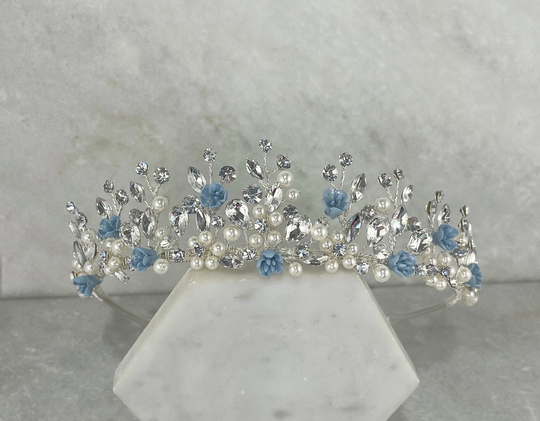 Powder Blue Flower, Pearl & Crystal Wedding Crown | Light Flower Bridal Tiara Something Painted