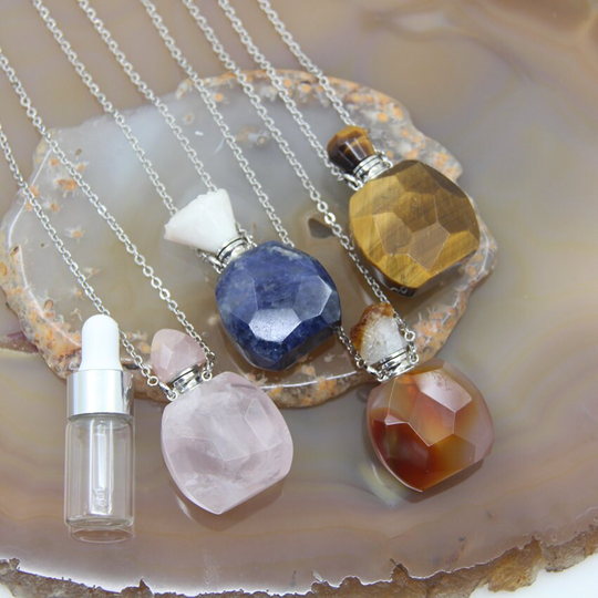 Natural Gemstone Red Agate Perfume Bottle Pendants, Tiger Eye Rose Quartz Druzy Caps Essential Oil Diffuser For Necklace Wholesales