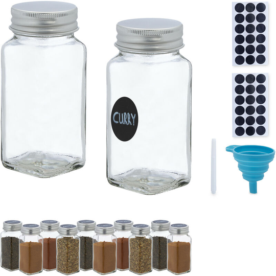Relaxdays Spice Jars, Set of 12, Sprinkling Insert, Glass Herb Containers, 120 ml, Labels, Pen & Funnel, Transparent