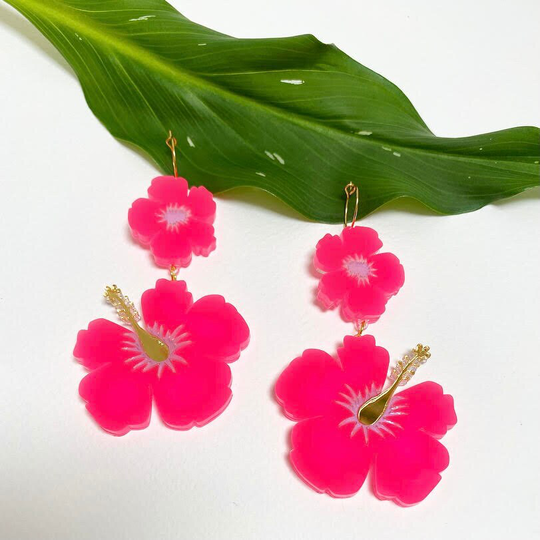 Hibiscus Sunset Dangler Earrings in Pink Neon