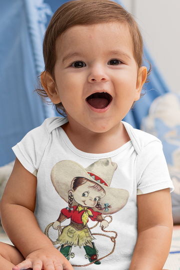 Organic Retro Cowgirl & Horse One Piece Baby Onesie™ Bodysuit With Girl Her White Horse. Short Long Sleeve, Organic. Shower Gift