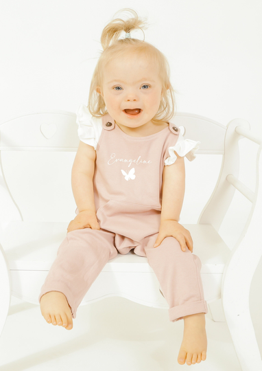 Personalised Organic Dungarees With Name & Butterfly Navy & Pink