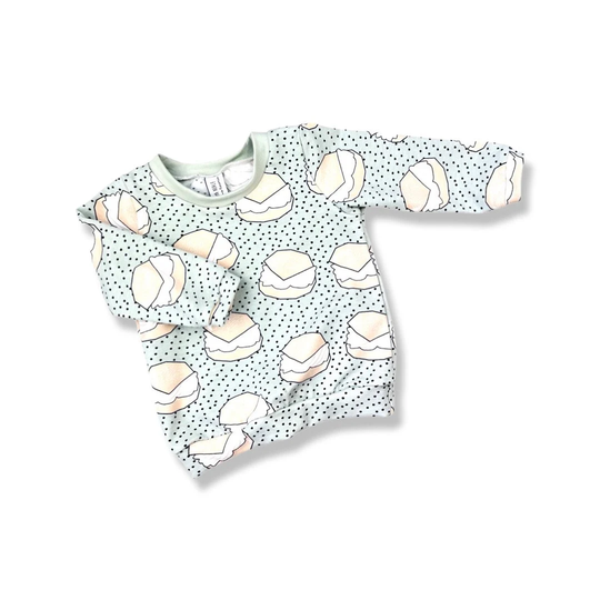 Organic Cream Cake Long Sleeve Baby T-Shirt. Seafoam Print Tee Shirt. Unisex Sweater Style Top For