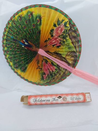 Vintage Chinese Foldaway Fan in Original Box, Paper Peacock, Floral & Oriental Scene, Pink Plastic Mid Century Folding Collectible