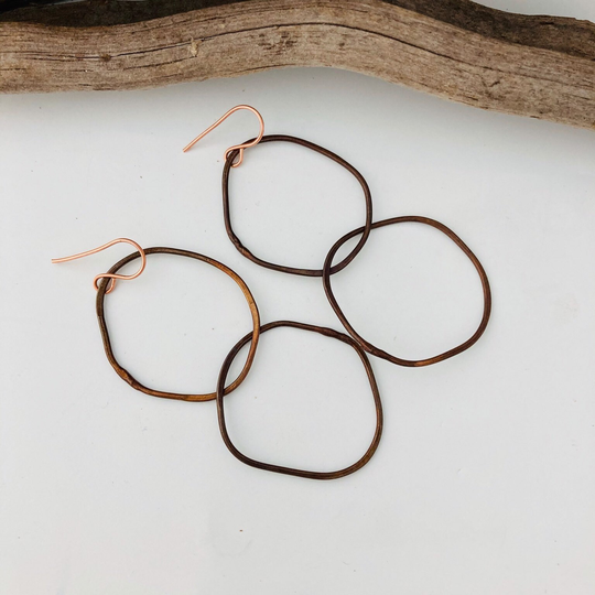 Organic Shape Copper Earrings, Link Long Boho Chic, Rustic Jewelry