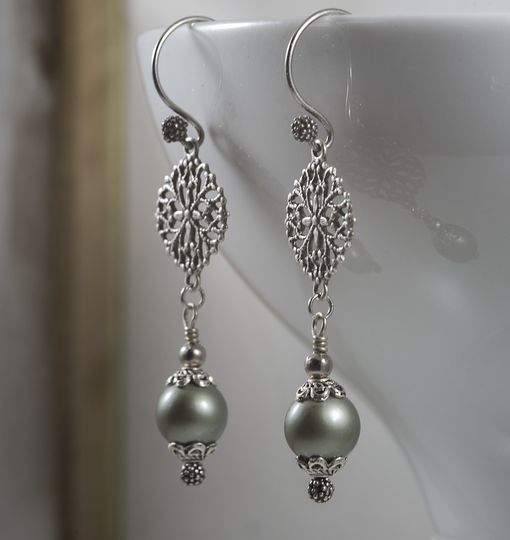 Art Deco Earrings, Swarovski Powder Green Pearls, Edwardian Sterling Silver Ear Wires, Pearl 1920S Handmade UK