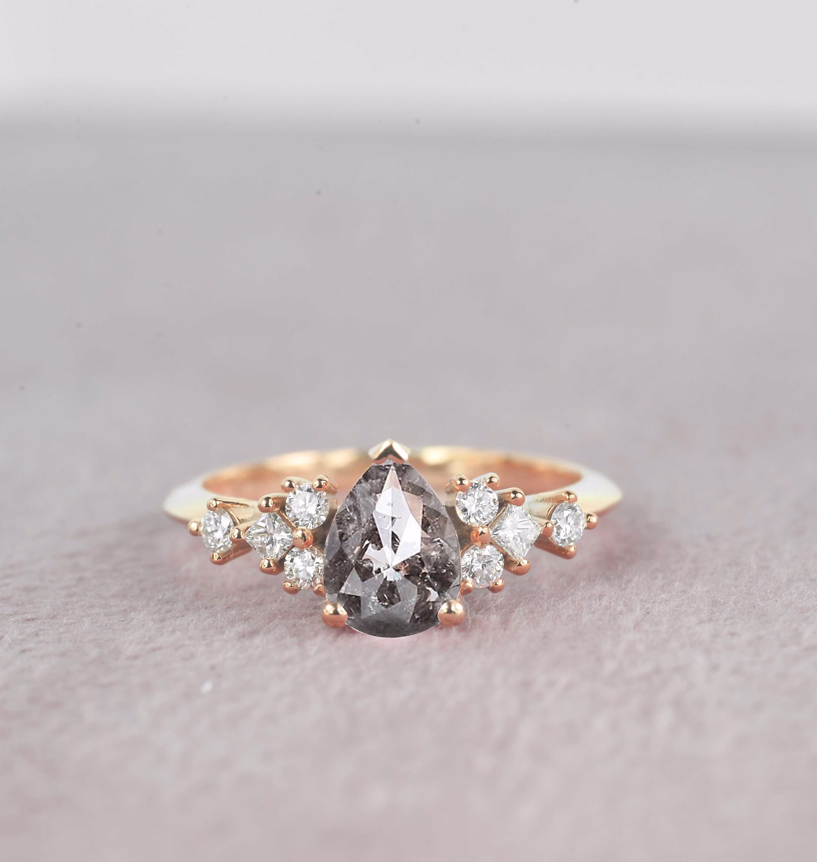 1.53Ct Pear Salt & Pepper Diamond Engagement Ring | Bridal Anniversary Princess Cut Fitted Rose Gold