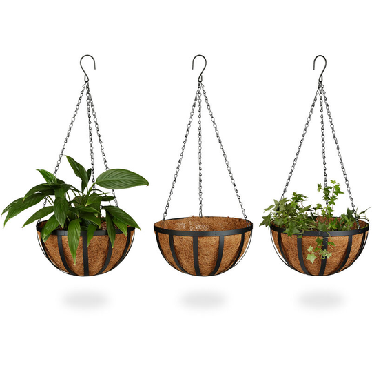 Relaxdays - Set of 3 Hanging Flower Baskets, Coconut, 21 Litre Volume, with Chain, 30 cm Diameter, as Hanging Planters, Brown