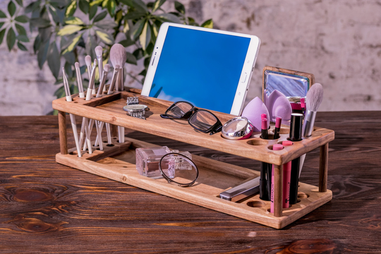 Makeup Organizer Wood Cosmetic Holder Ipad Stand Desk Phone Her Engraving Nightstand Anniversary Gift Housewarming For Couple Gifts