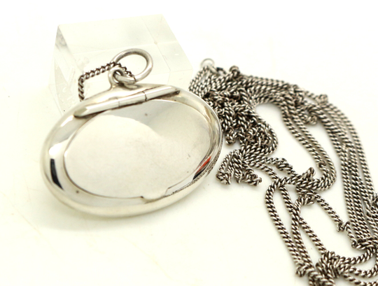 Antique Real Sterling Silver Miniature Oval Compact Powder Box On Original 54Inch Long Guard Muff Chain By Adie & Lovekin