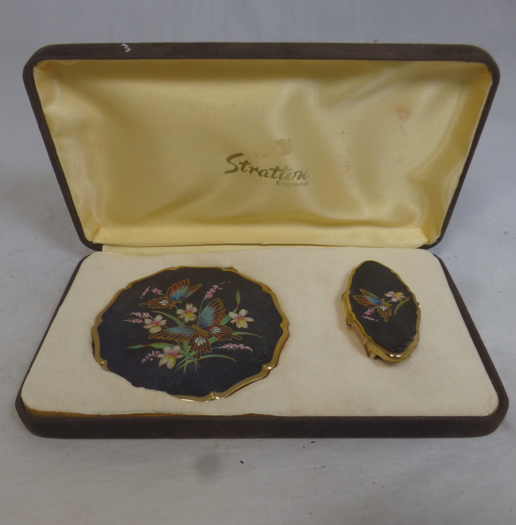Vintage Stratton Lipstick & Powder Cosmetic Compact Gift Set Gold Metal & Black Enamel - Colourful Butterfly Motif Original Velvet Case