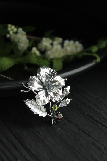 Hibiscus Pendant Flower Silver Necklace Plant Jewelry Floral Botanical