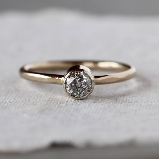 Salt & Pepper Diamond Ring - 14K Palladium White Gold Hammered Faceted Band Simple