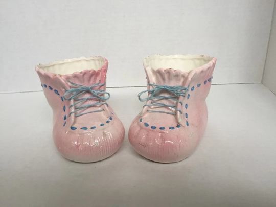 Vintage Lace-Able Baby Booties Pair |1960S | Great For Retro Or Nursery Pink Shoe Planters Inarco Japan Children's Decor