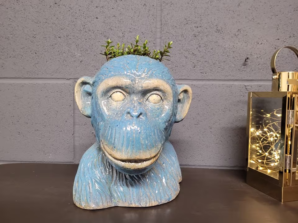 Monkey Planter Blue Ape Chimp Animal Plant Pot Shelf Desk Ornament