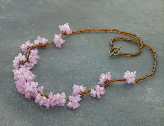 Japanese Cherry Blossom Necklace, Seed Bead Flower Pink Flower Necklace, in Pink, Amethyst Czech Seed Beads, UK Seller