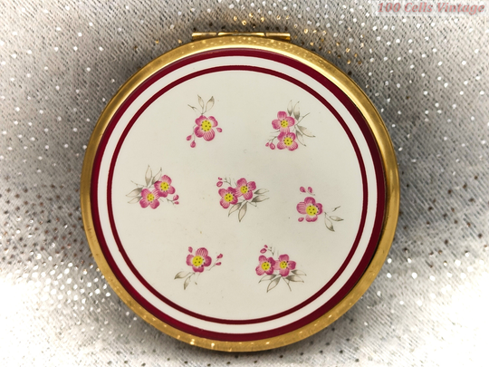 White/Pink Floral-Vintage Ladies Powder Compact By Stratton-Clasp Broken