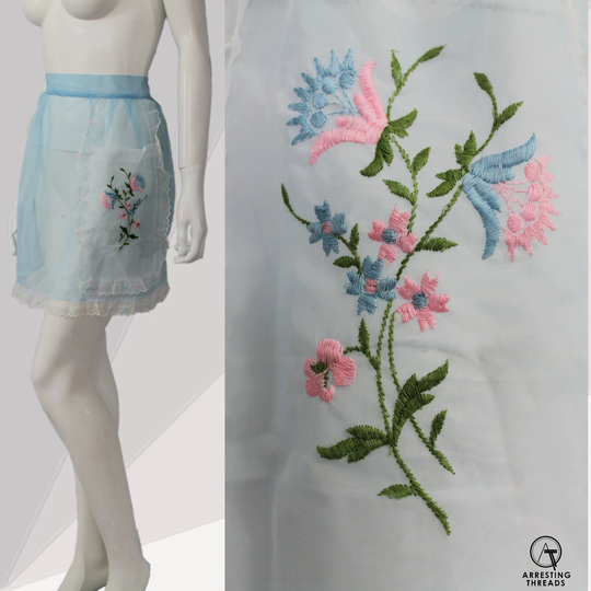 50S Pin Up Blue Lace Cocktail Apron, Baby White Pink Apron Pinafore, Vintage Powder Floral Doll