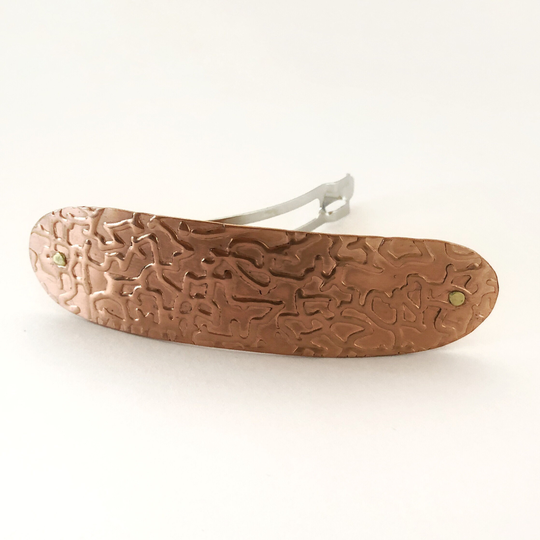 Large Solid Copper Hair Clip, Organic Pattern, Handcrafted With Brass Rivets, Unique Metalsmith Made Gift For Long