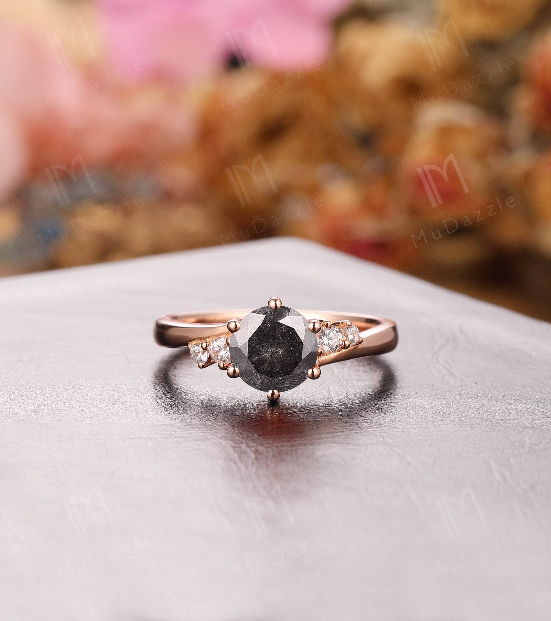 Grey Moissanite Engagement Ring// Gorgeous Gray Wedding Ring For Her// 6.5mm Round Cut Salt & Pepper Promise Gold