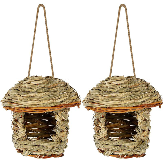 2 Pack Hanging Hummingbird Birdhouses, Durable Hand Woven, Made of Natural Grass, Perfect for Garden, Patio, Lawn, Office, Indoor