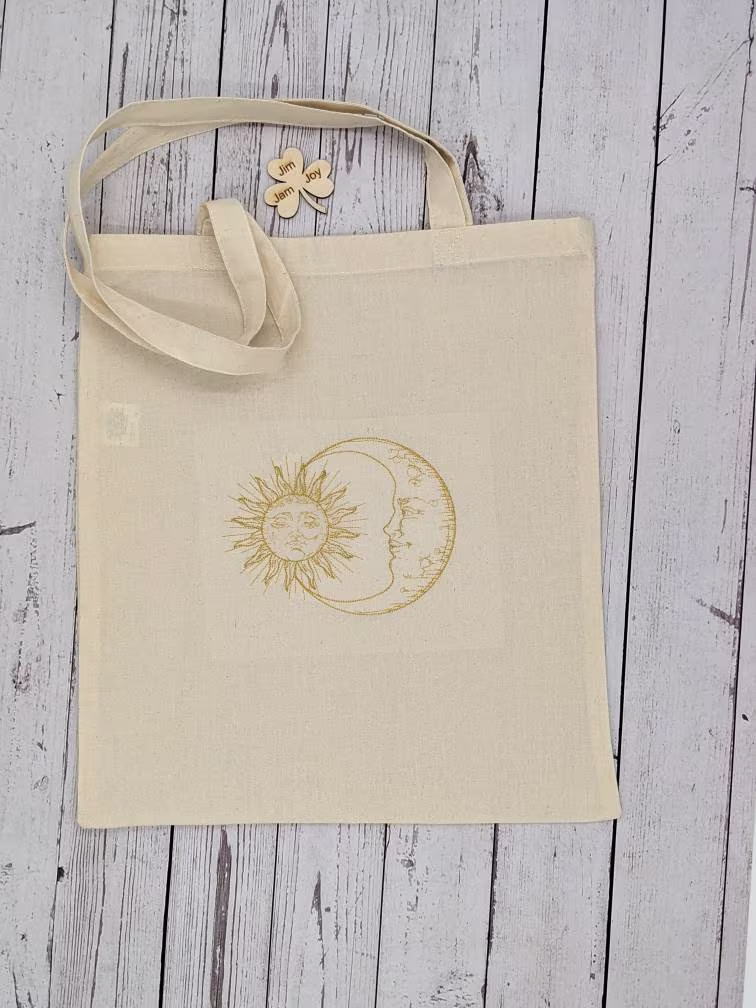 Sun & Moon Tote Bag | 100% Gots Certified Organic Cotton Canvas Gift For Her Ecofriendly Embroidery