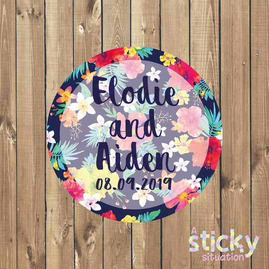 Tropical Wedding Stickers, Favour Labels, Floral Wedding, Beach Hibiscus, Hawaiian, Exotic, Personalized
