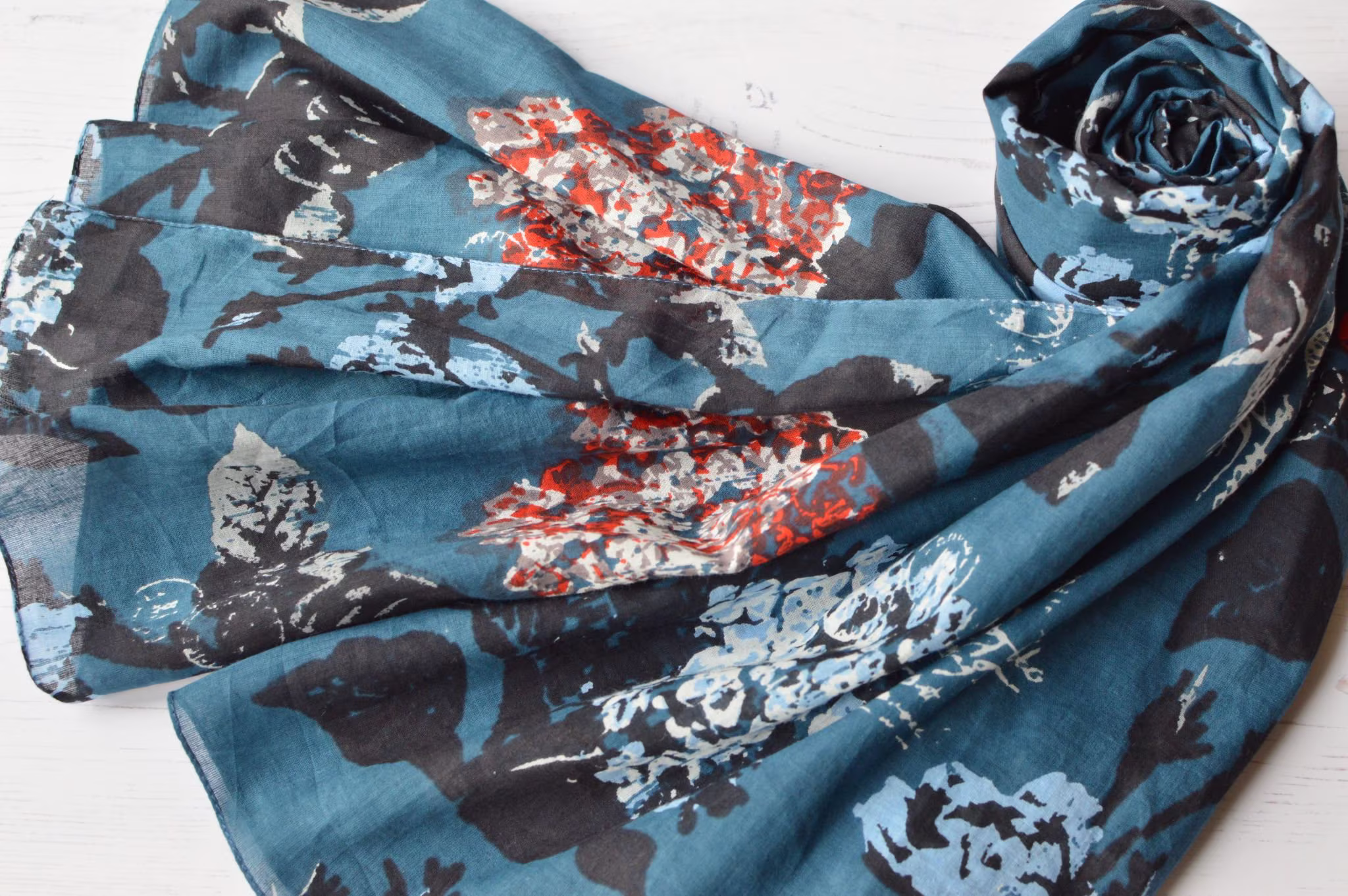 Organic Cotton Scarf Large Teal Blue Floral Wrap With Rolled Edges