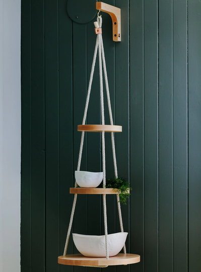 Wood & Cotton Hanging Shelves Trio - 3 Tier Floating Shelf Plant Holder Hand Made in Canada