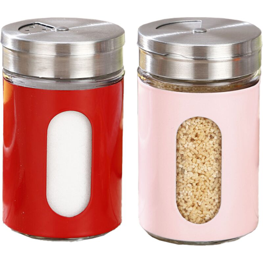 Fvbjd - Salt and Pepper Shakers Stainless Steel and Glass Set with Adjustable Pour Holes 1pcs red + 1pcs pink
