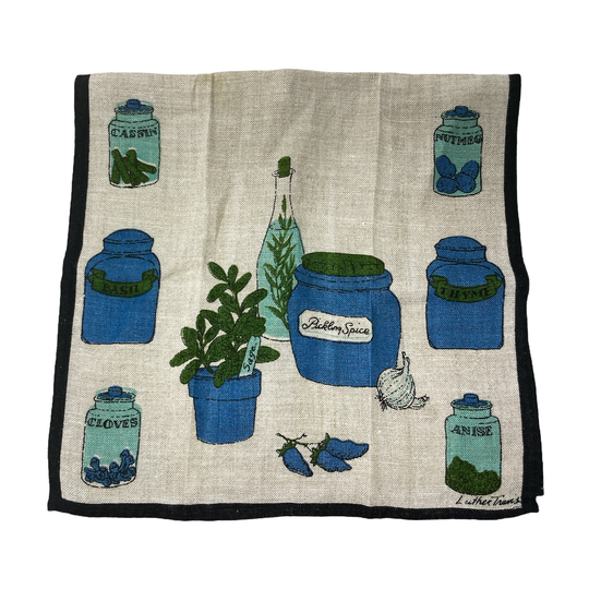 Luther Travis Kitchen Towel Herbs & Spices Retro Vintage Mid Century Blue Green Linen 50S 60S 70S