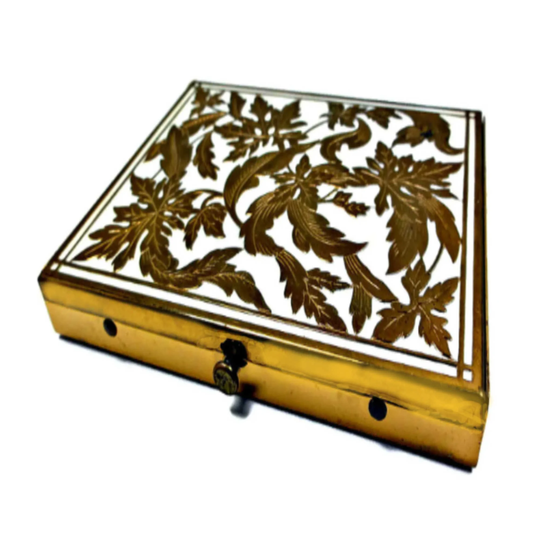 Rex Fifth Avenue Art Nouveau Powder Compact, White Enamel With Embossed Brass Leaves, Vintage 1950S