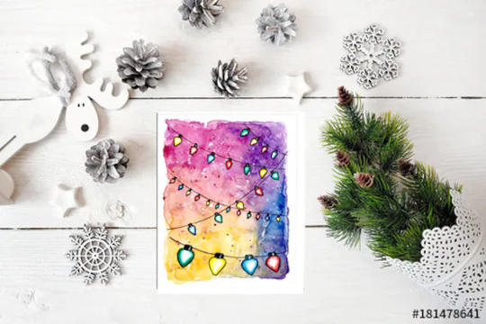 Christmas Season Greetings, Watercolor Card Handmade, Lights, Boxed Set, Happy Holiday Cards, Greeting
