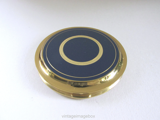 Vintage Powder Compact, Dark Blue with Gold Colour Ring, With Pouch, C. 1960S-1970S, Circular, Dia ~2 7/8