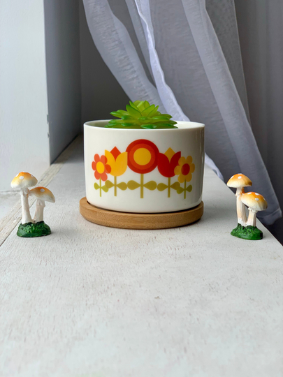 Retro Floral Handmade Ceramic Planter With Bamboo Dish | 60S & 70S Inspired Indoor Mini Succulent Pot