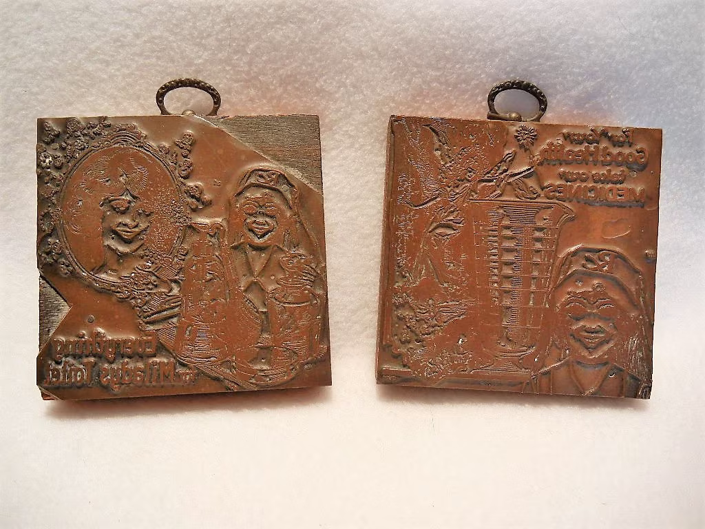 Antique Pharmacy Printing Blocks, Women, Nurse, Fairies, Perfume Bottles, Tonics, 1910 - 1920