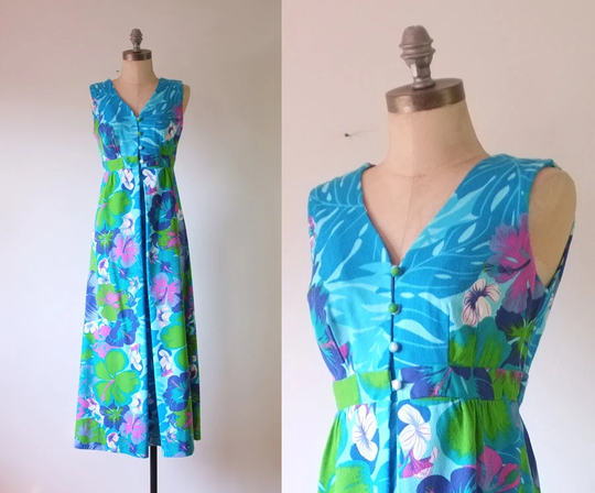 Vintage Hawaiian Dress | 1970S Floral Hibiscus Blue Maxi