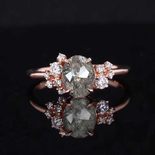 Oval Shape Natural Salt & Pepper Diamond Engagement Ring | Dainty in 9K/14K/18K Solid Rose, Yellow Or White Gold For Her