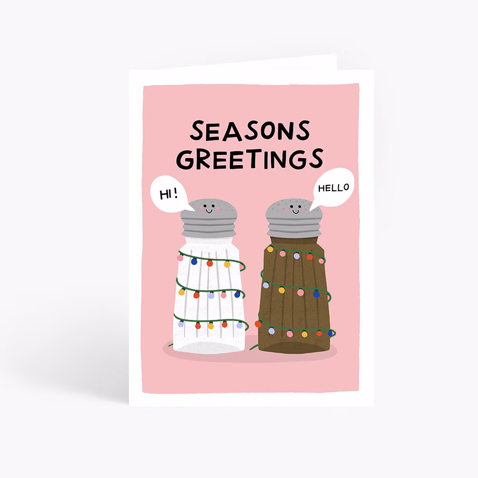 Seasons Greetings, Funny Christmas Card, Pun, Cute Illustration, Salt & Pepper, Holidays A6 Card By Amelia Ellwood