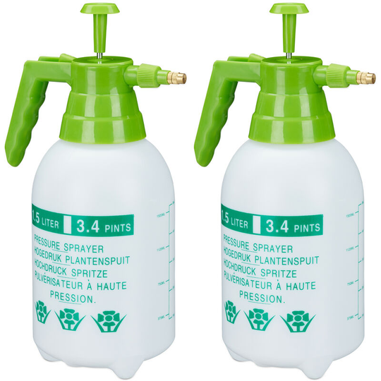 Set of 2 Relaxdays Pressure Sprayers, Adjustable Brass Nozzle, Garden, Plant Mister, Pest Control, 1.5L, pe, White/Green