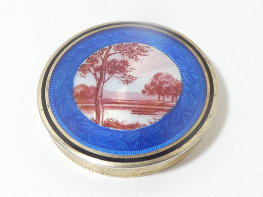 Antique Mirror Powder Compact Pill Snuff Box Hand Painted Engine Turned Enamel Victorian Silver Decorated Hallmarked