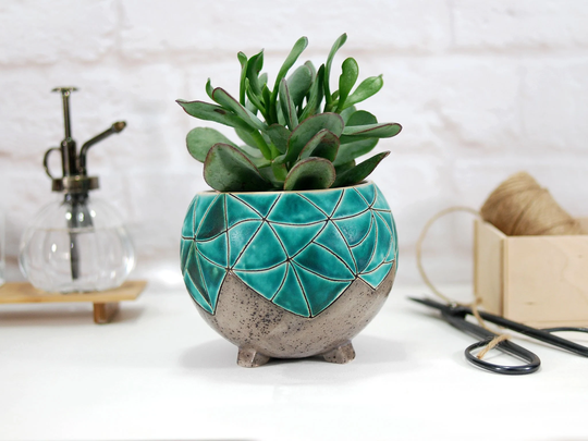 Hand-Painted Planter Pot Turquoise // Ceramic For Succulent, Cactus, Air Plants | Terrarium Indoor Garden Modern Home Decor